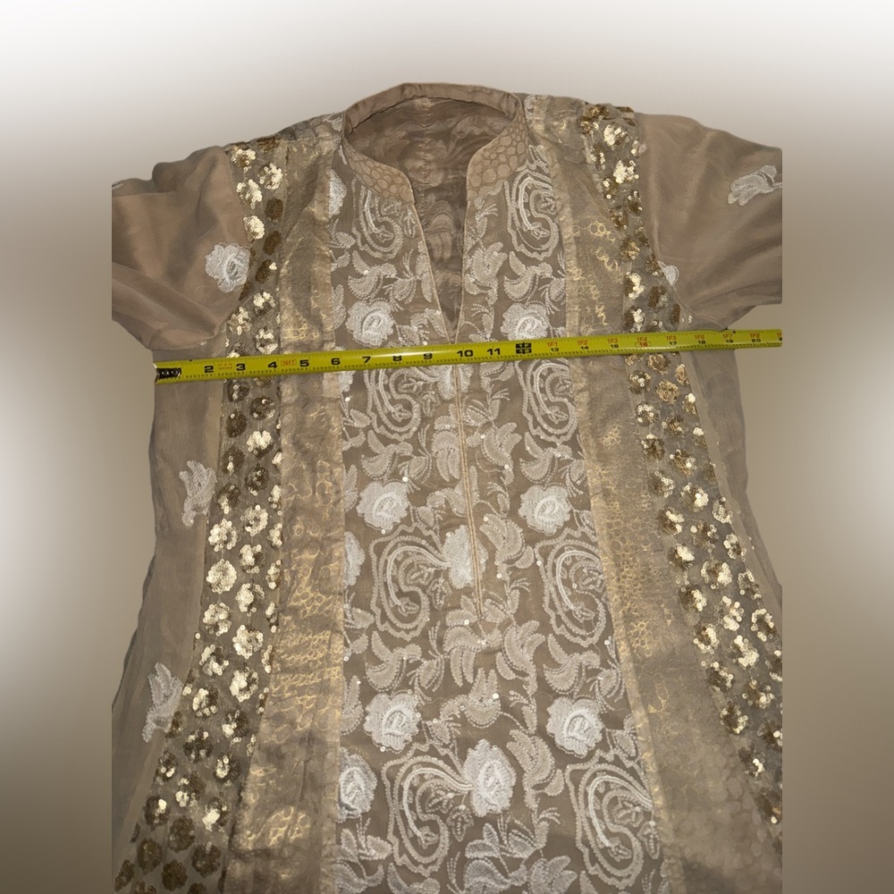 Elegant  Kurta Set Beige and Gold Embroidered Dress with Pants and Dupatta - Picture 5 of 9